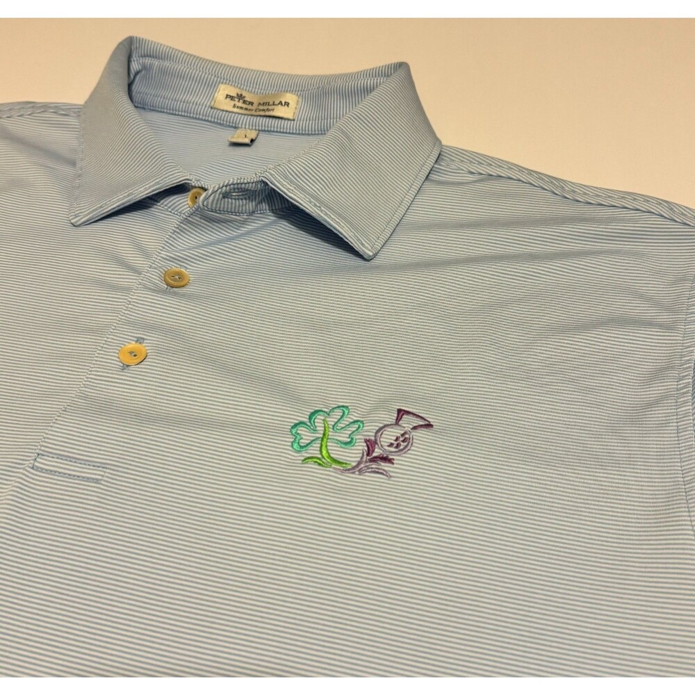 Peter Millar Summer Comfort Polo Shirt Blue Stripe Performance Mens Lg TTF Golf